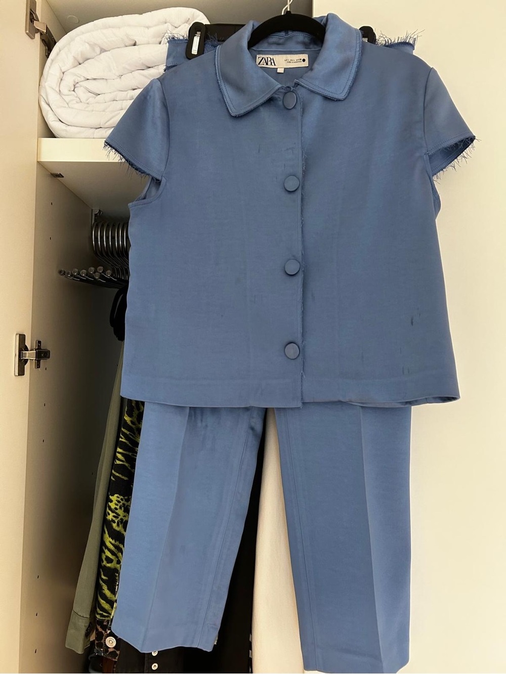 Zara Two-Piece Satin Blue Cropped Jacket & Pants Set